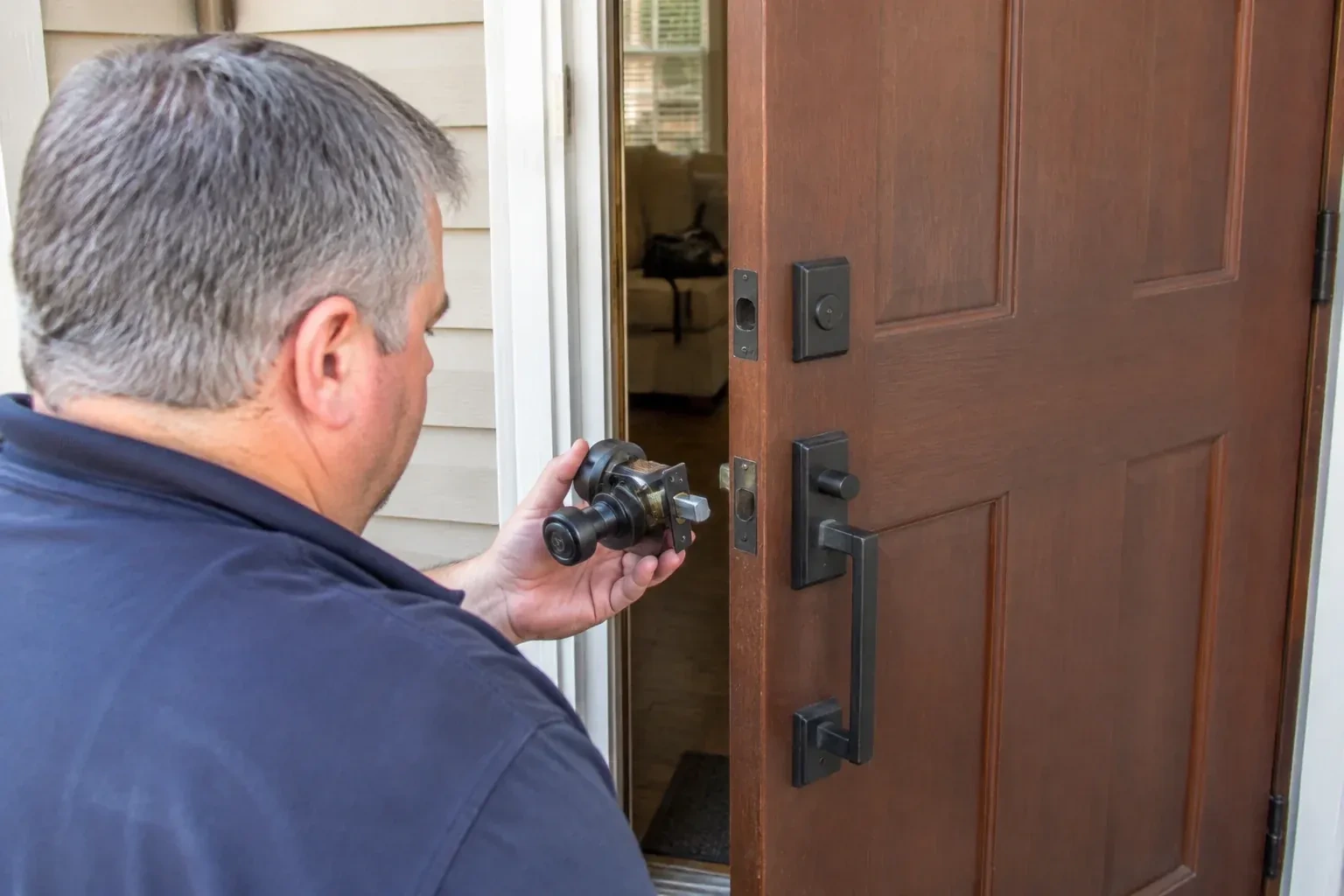 Person holding a removed black lock assembly beside a partly open brown front door with a long black pull handle. — Home Lockout Service, Markham