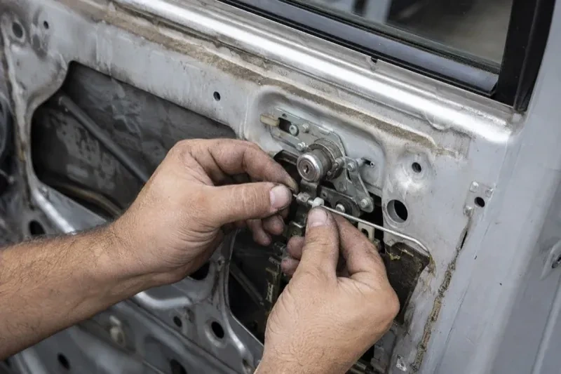 Hands holding a small linkage beside an exposed car-door lock mechanism with the interior trim removed. — Vehicle Lock Repair, Markham