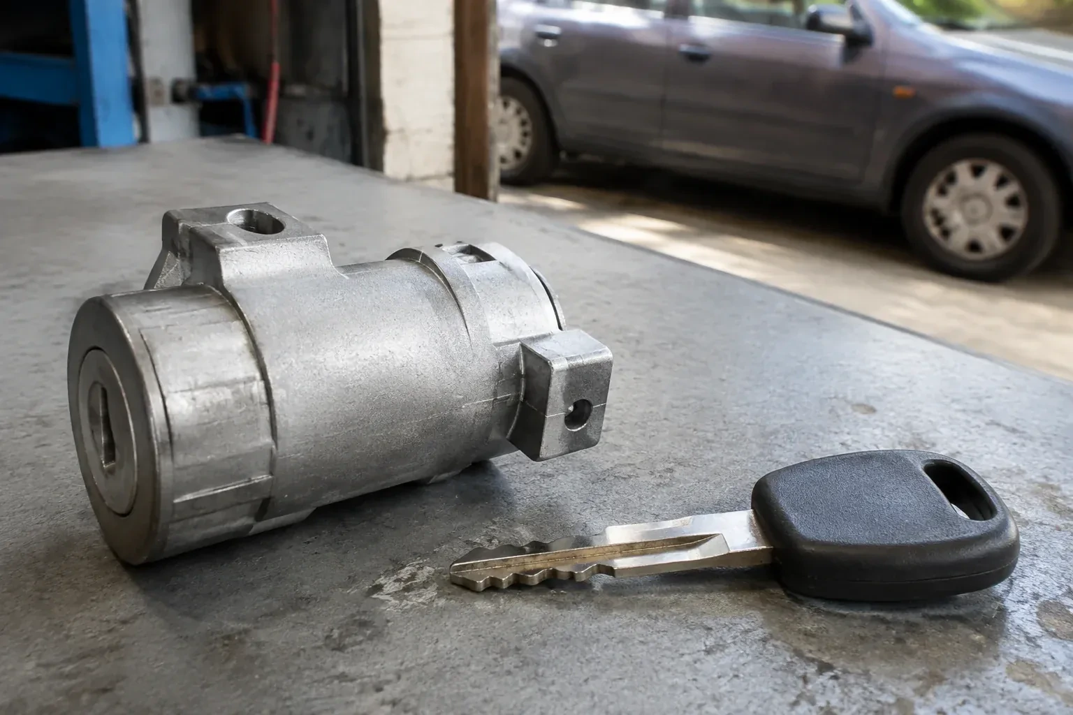 Detached cylindrical lock housing and black-headed key on an automotive workbench. — Ignition Lock Repair, Markham