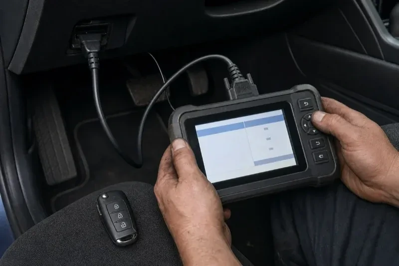 Hands holding a diagnostic tablet connected beneath a car dashboard, with a key fob resting on the person’s leg. — Key Fob Programming, Markham