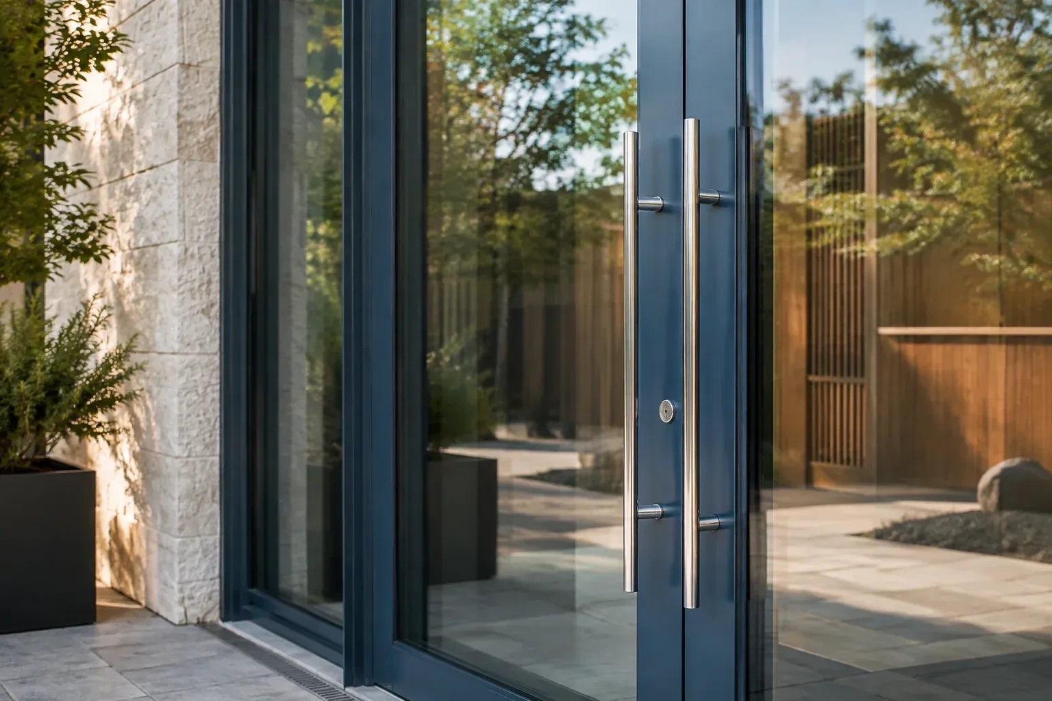 Dark-framed glass entrance doors with long silver-colored vertical pull handles and a round keyhole. — Business Lockout Service, Markham