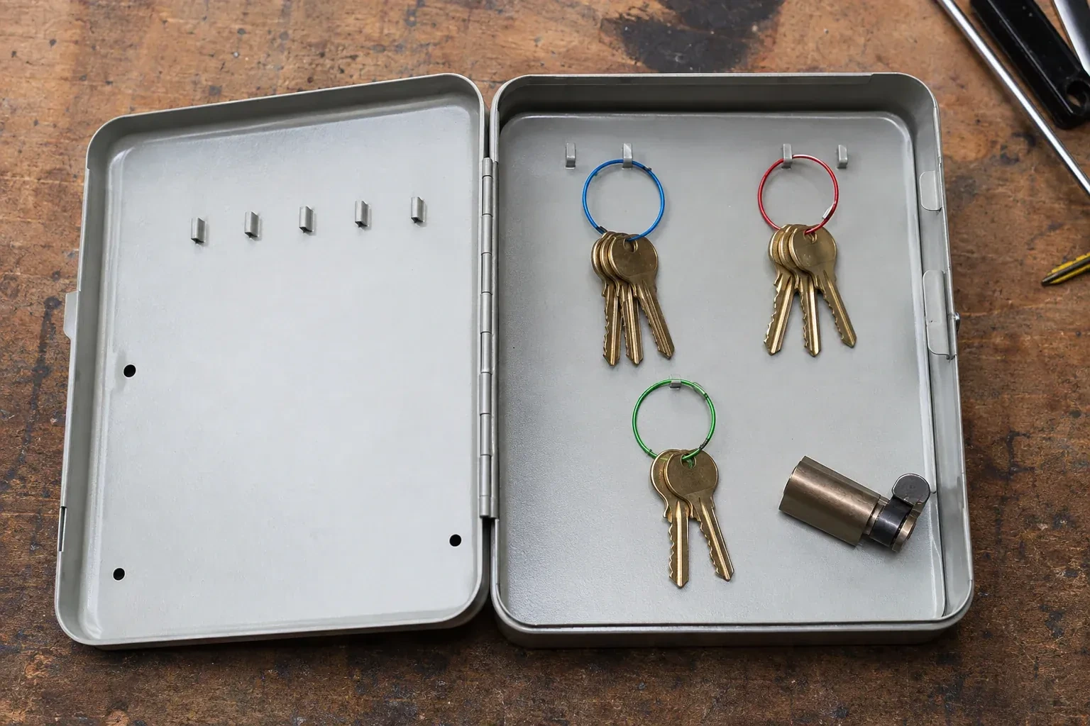 Three groups of keys on colored rings in an open metal key cabinet. — Master Key System Design, Markham