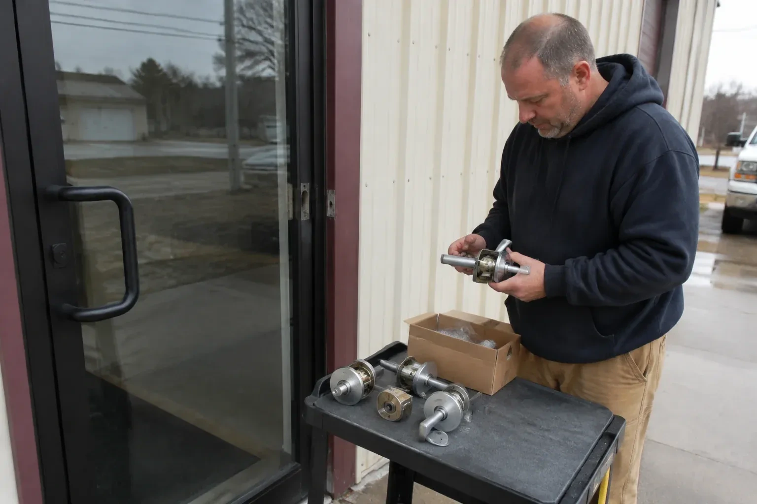 Person holding a door-handle assembly beside a glazed entrance, with more handle and lock components on a cart. — Commercial-Grade Lock Replacement, Markham