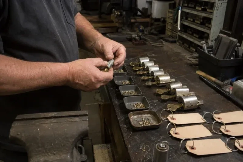 Person handling a lock cylinder at a workbench lined with cylinders, keys, small pin trays and blank key tags. — Commercial Rekeying, Markham