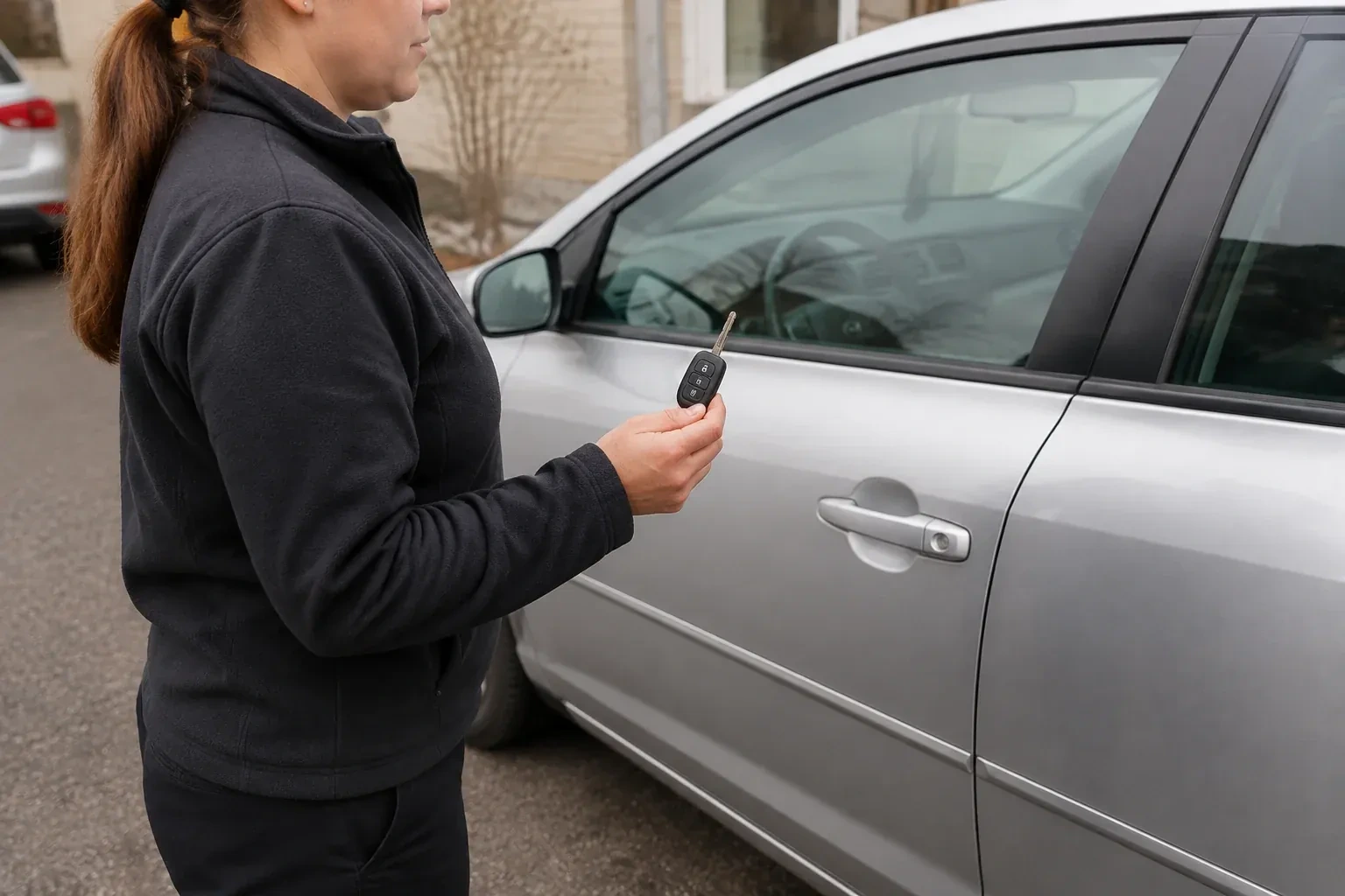 Technician holding a remote key with an extended blade beside a silver car. — Car Key Replacement, Markham