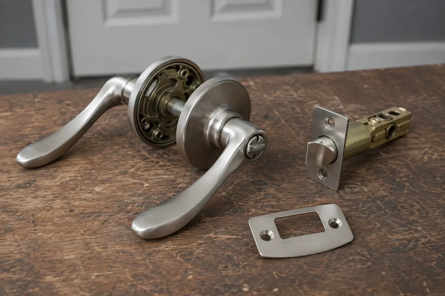 Detached satin-nickel lever hardware, tubular latch and strike plate on a wooden workbench. — Lock Replacement & Upgrade, Markham