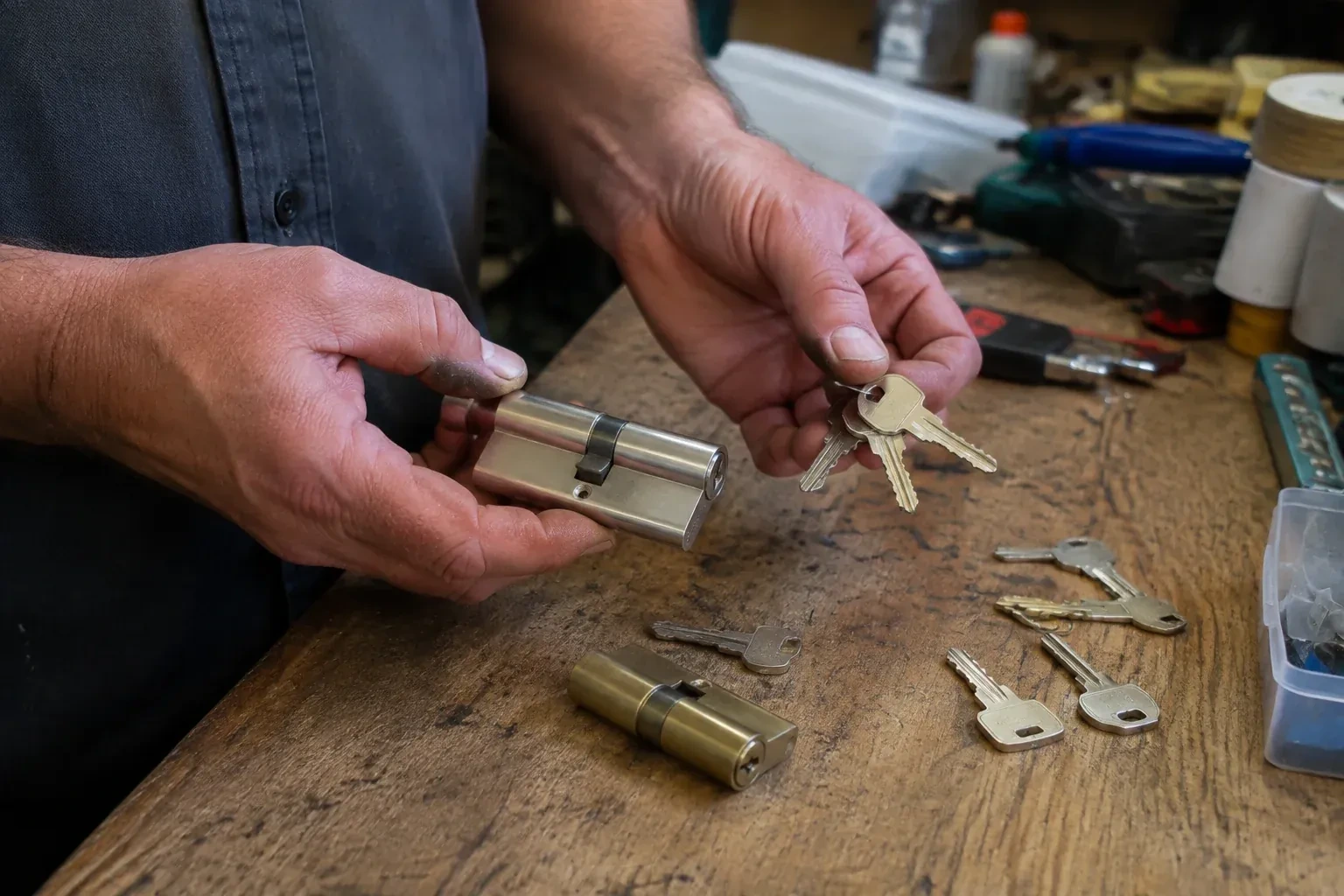 Hands holding a lock cylinder and a ring of keys above a worn workbench with another cylinder and loose keys. — Lock Rekeying, Markham