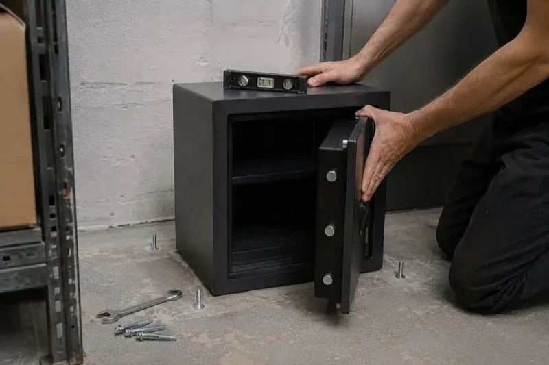 Person kneeling beside an open black safe with a spirit level on top and loose bolts and a wrench on the concrete floor. — Safe Installation & Servicing, Dickson Hill