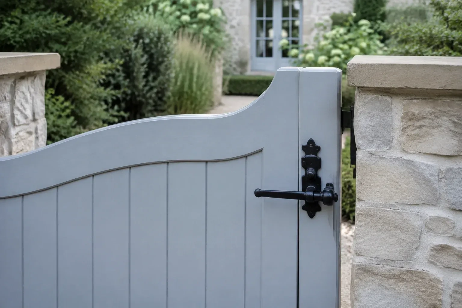 Pale blue garden gate with a black lever latch between light stone pillars. — Gate & Building Entry Locks, Markham
