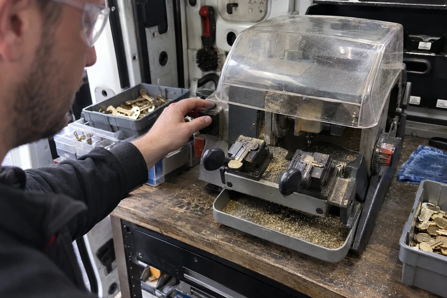 Person in safety glasses reaching for a key-cutting machine with a clear cover, beside trays of brass key blanks. — Spare Car Key Duplication, Markham