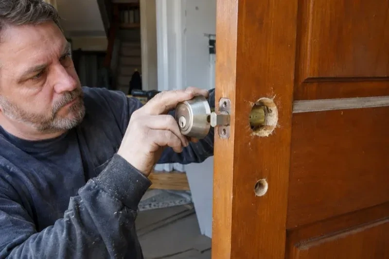 Person holding a silver-colored lock beside an open wooden door with exposed circular holes and a latch at its edge. — Deadbolt Installation, Markham