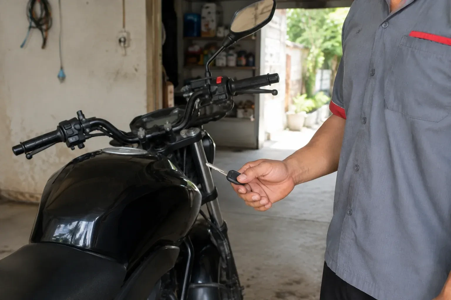Technician holding a black-headed key beside a parked motorcycle. — Motorcycle & Scooter Keys, Markham