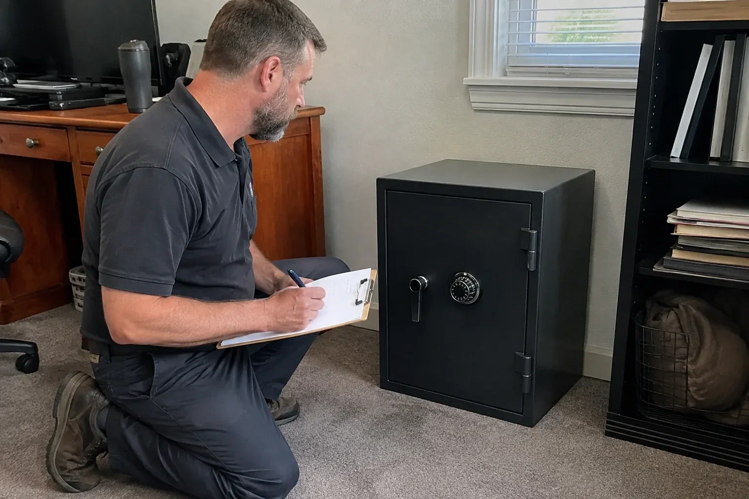 Person writing on a clipboard while kneeling beside a closed black safe with a numbered combination dial in a home office. — Safe Opening & Combination Change, Markham